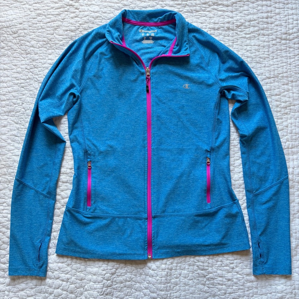 Champion Women's Zip Up Sweater - Blue with Magenta Accents - Size Small